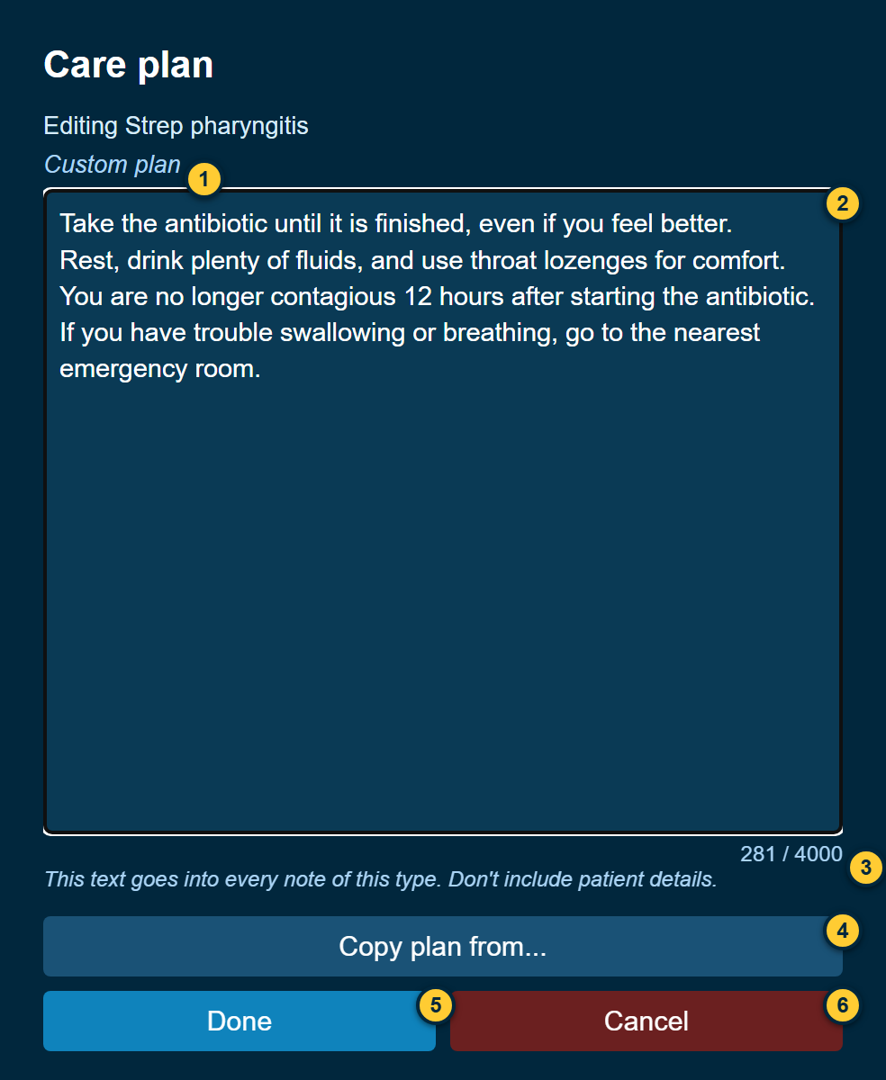 The Care plan panel showing a custom plan