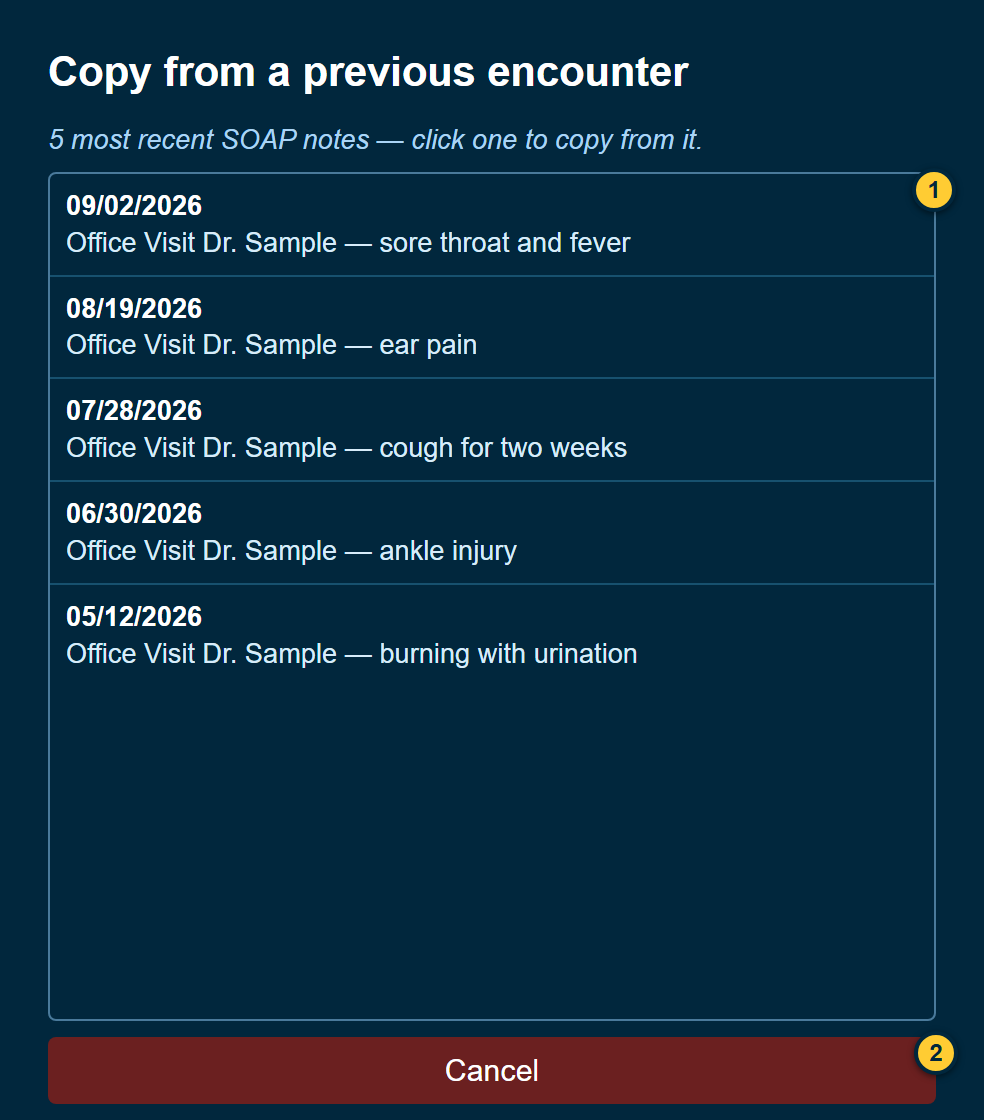 The list of the patient's recent SOAP notes