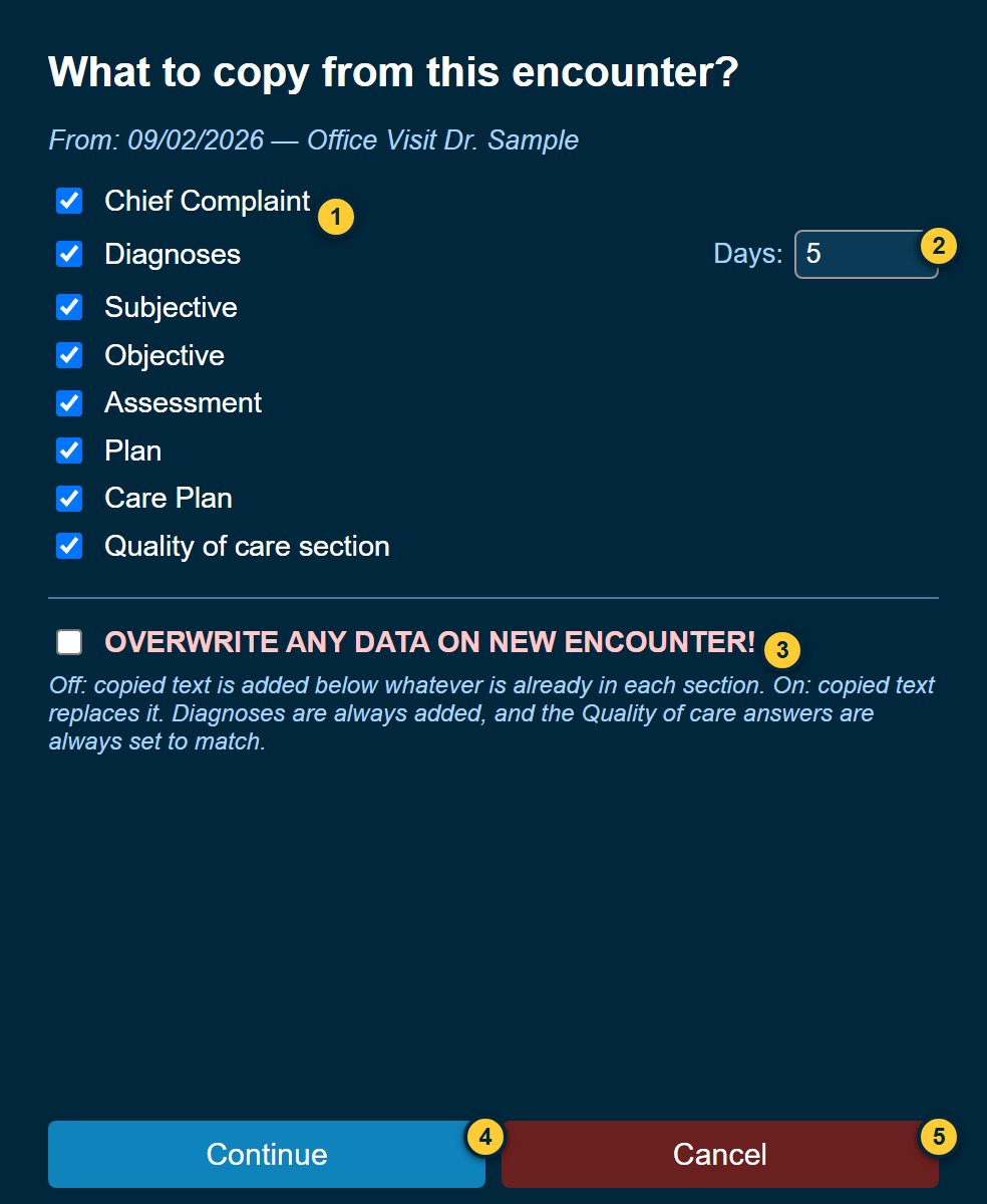 The sections to copy, with Days, OVERWRITE, Continue and Cancel