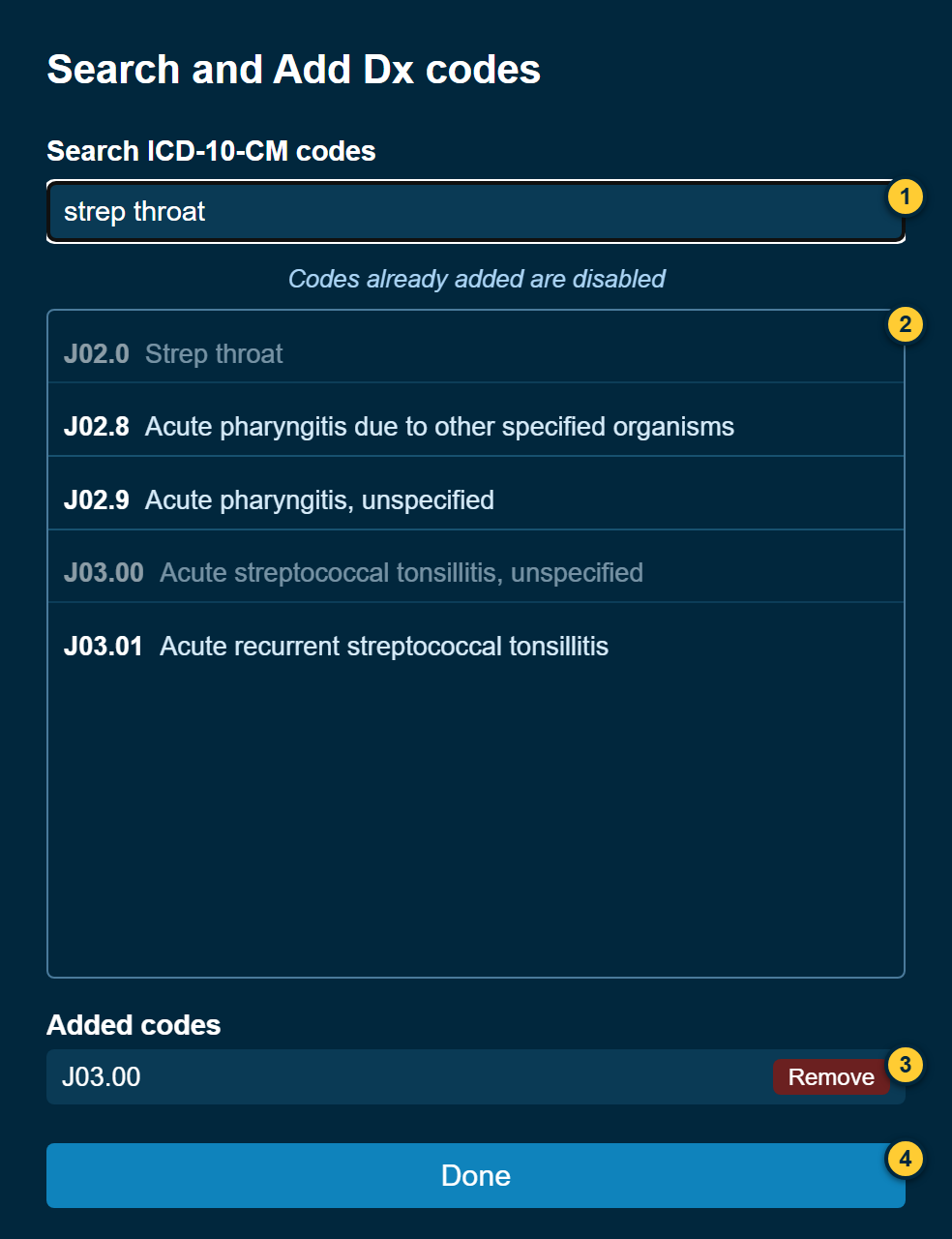The Dx code search, with results and one added code