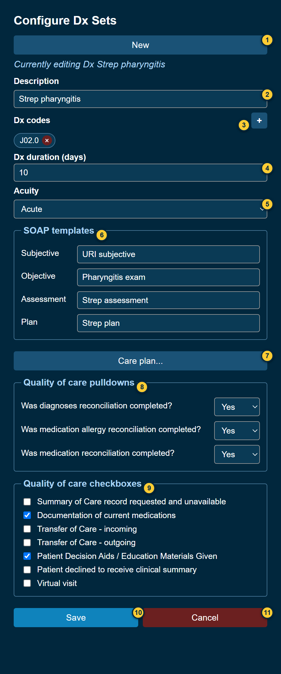 The Configure Dx Sets editor, with its controls numbered 1 to 11